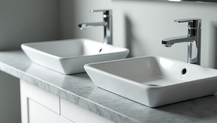 A Close-up Photograph of a Double Sink in a Gray Bathroom, Featuring Modern Faucets and a Sleek Countertop