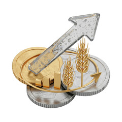 Rising Commodity Prices: Gold Coins, Wheat, and Growth Arrow, 3D Render