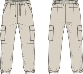 Cargo jogger pants sketch, elastic waistband design, drawstring and pocket detail, front and back views, technical fashion artwork, cad drawing flat vector illustration