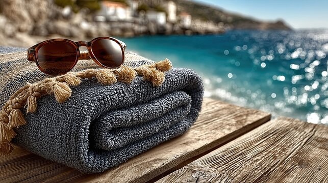 Cozy blanket and sunglasses on a sunny beachside deck.
