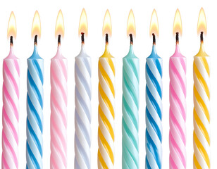 Unlit Spiral Birthday Candles Arranged in a Row, Side Angle, Transparent Background