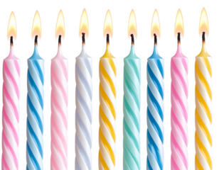 Unlit Spiral Birthday Candles Arranged in a Row, Side Angle, Transparent Background