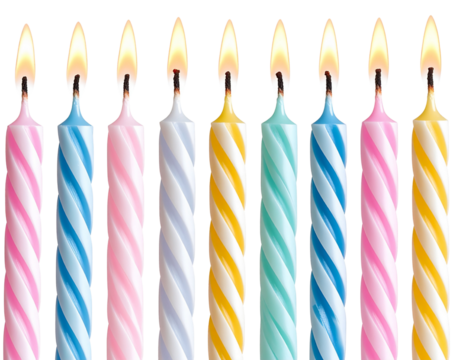 Unlit Spiral Birthday Candles Arranged in a Row, Side Angle, Transparent Background