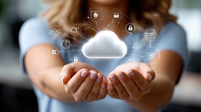 Cloud Data in hand: a visual concept representing the modern idea of data stored in cloud technology is held between a person's hands, symbolizing accessibility, innovation, security.
