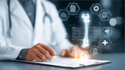 A doctor is using an AI tool to check medical documents, with icons of an orthopedic cast and an open circle for a document in the background.