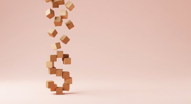 Falling wooden blocks forming a dollar sign on pink background   - Powered by Adobe