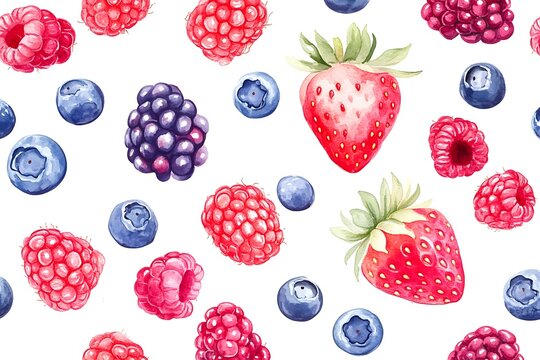 Vibrant Watercolor Summer Berries: Raspberries, Strawberries, Blueberries, Blackberries