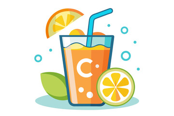 Download this vibrant and refreshing orange juice vector illustration featuring a tall glass filled with bright orange juice and garnished with a lemon slice.