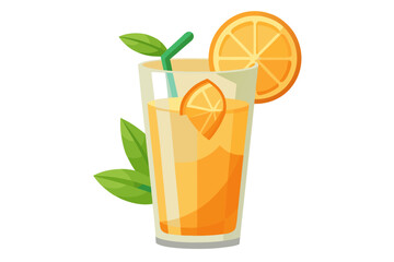 Download this vibrant and refreshing orange juice vector illustration featuring a tall glass filled with bright orange juice and garnished with a lemon slice.