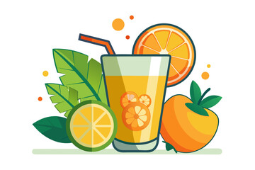 Download this vibrant and refreshing orange juice vector illustration featuring a tall glass filled with bright orange juice and garnished with a lemon slice.