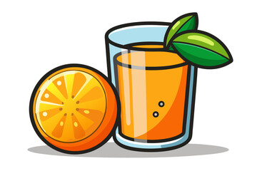 Download this vibrant and refreshing orange juice vector illustration featuring a tall glass filled with bright orange juice and garnished with a lemon slice.