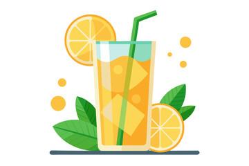 Download this vibrant and refreshing orange juice vector illustration featuring a tall glass filled with bright orange juice and garnished with a lemon slice.