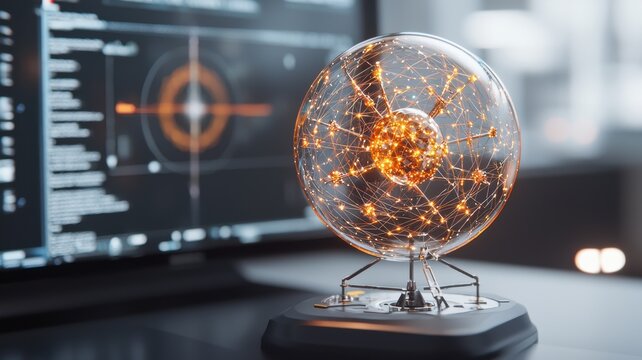 A futuristic digital globe with interconnected orange nodes and lines symbolizes global data networks and technology in front of a blurred computer screen.