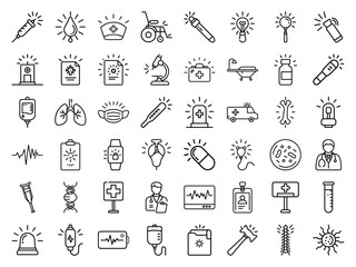 Medical Healthcare Line Icons Set Syringe, Stethoscope, Hospital Equipment, Organ, and Doctor Symbols with Bright Glowing Accents for Modern Design