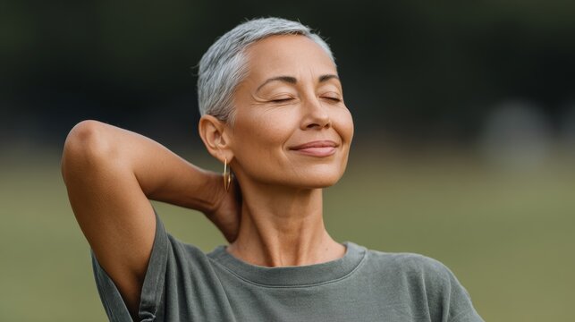 Empowered senior woman practicing yoga in urban park calm atmosphere
