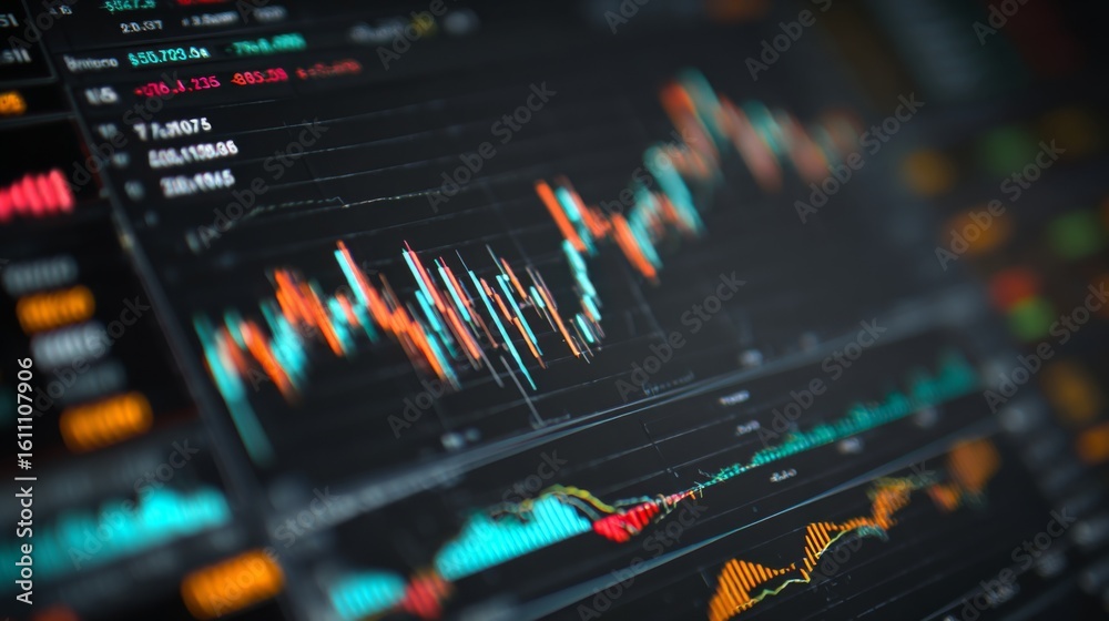 Poster a computer screen with real-time financial data, including bar and line graphs showing stock price c
