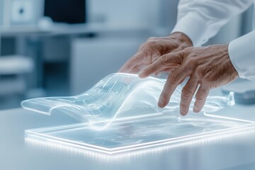 A person interacts with a futuristic digital touchscreen displaying a dynamic 3D holographic landscape or map model.