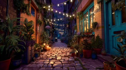 Fototapeta premium A cozy alleyway filled with hanging fairy lights and potted plants, showcasing a charming nighttime setting with cobblestones glistening under the soft glow of lights