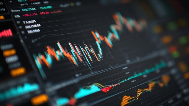 A computer screen with real-time financial data, including bar and line graphs showing stock price changes and market volatility