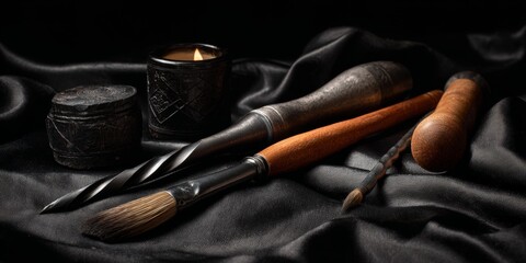 Naklejka premium Artistic tools including paintbrush awl carving blade and candle arranged on dark silk fabric evoking texture and craftsmanship