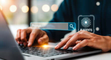 A persons hands actively typing on a laptop keyboard, engaging with an ai agents interface and a search prompt bar, symbolizing the future of technology and humancomputer interaction