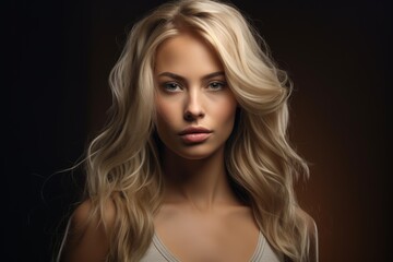 Fototapeta premium Portrait of a woman with wavy blonde hair against a dark background