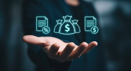 A hand displays glowing neon icons representing financial concepts like money bags, documents with percentages, and currency symbols, symbolizing financial management and investment
