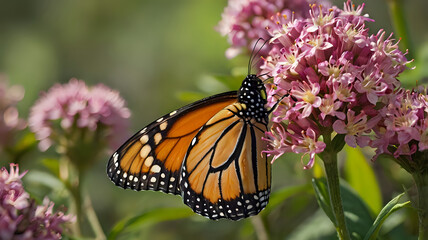 Close-up of a vibrant  butterfly perched on a blooming flower, detailed wing patterns, soft natural background blur
