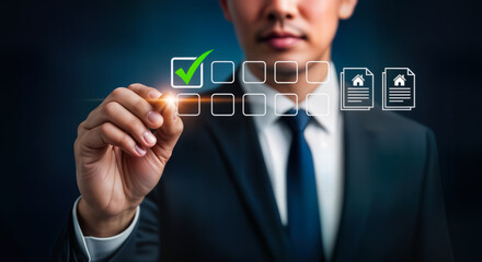 A businessman in a suit uses a stylus to mark a green checkmark on a digital checklist with document icons representing real estate