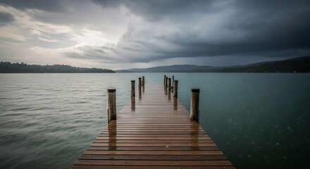 Fototapeta premium A dramatic lakeside scene with a wooden pier leading into a calm lake under storm clouds