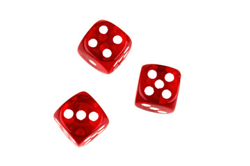 A random arrangement of dice and a puzzle cup, captured after the dice have been cast.