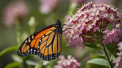 Fototapeta premium Close-up of a vibrant butterfly perched on a blooming flower, detailed wing patterns, soft natural background blur