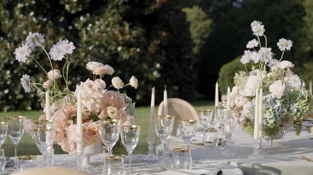 Elegant wedding table setting decorated with flowers in garden. Action