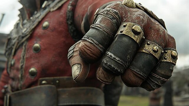 Close-up of a weathered, ornate gauntlet