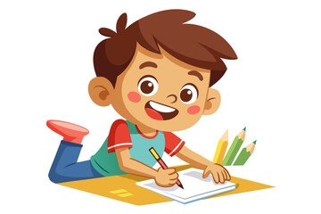 Colorful and cheerful illustration of a cartoon boy sitting at a wooden desk, writing in a notebook with a blue pen. 
