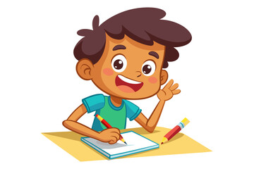 Colorful and cheerful illustration of a cartoon boy sitting at a wooden desk, writing in a notebook with a blue pen. 