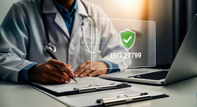 A doctor in a white coat with a stethoscope is writing on a medical chart next to a laptop, with a digital overlay showing iso 27799 certification