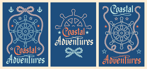Nautical prints for T-shirts or posters with helm and rope illustrations. Perfect for wall decor, sea travel or retro adventure-themed prints. Vintage typography and seaside charm © Vigurskaia Sofiya