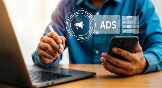 A person is using a smartphone and laptop to manage digital advertising campaigns, with a visual representation of ads and analytics