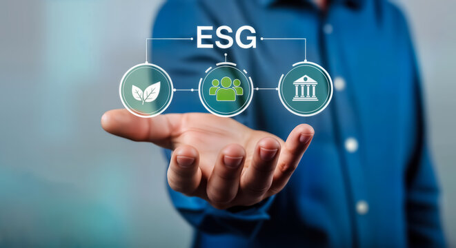 A person in a blue shirt holds out their hand, displaying a digital interface with icons representing esg environment, social, and governance