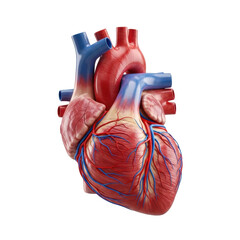 An anatomically accurate, hyperrealistic 3D rendering of a human heart with deep red muscle, intricate blue veins, and bright red arteries, isolated on a transparent background with shadowless