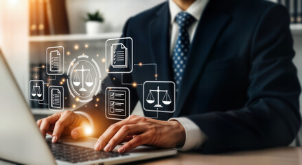 A lawyer in a suit uses a laptop, with a digital interface displaying legal icons and scales of justice, symbolizing legal technology and online legal services