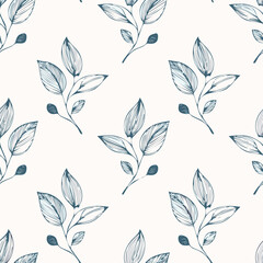 Hand-drawn Seamless Leaf Pattern in Monochrome Style