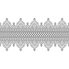 Seamless borders pattern for Mehndi, Henna drawing and tattoo. Decoration in ethnic oriental, Indian style. Doodle ornament. Outline hand draw vector illustration.