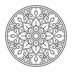 Circular pattern in form of mandala with flower for Henna, Mehndi, tattoo, decoration. Decorative ornament in ethnic oriental style. Outline doodle hand draw vector illustration.