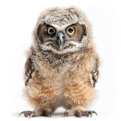 Fototapeta premium Fluffy great horned owlet standing on white background, looking forward