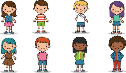 Cartoon children standing smiling, diverse kids group illustration, colorful clothes, happy boys and girls, vector design, isolated on white background, playful cute style