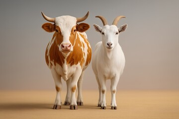 Fototapeta premium Cow and Goat Duo A Farmyard Portrait of a Brown and White Cow and a White Goat Standing Together