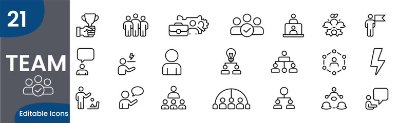 Collection of Teamwork and Collaboration Line Icons Representing Leadership and Communication for Business and Project Management Success