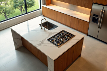 A modern kitchen features a sleek white marble island with integrated gas stovetop and sink, complemented by warm wood cabinetry and expansive windows overlooking a lush green landscape.